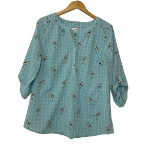 Croft & Barrow Womens Blue Bird Print Roll Tab Sleeve Blouse Top L Lightweight